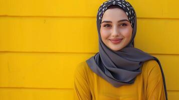 Charming Muslim Woman Wearing Hijab Dress Smiling on Yellow Background photo