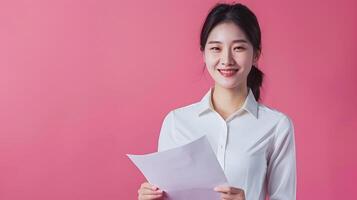 Confident Businesswoman Holding Paper in Neo Pop Style Portrait on Pink Background photo