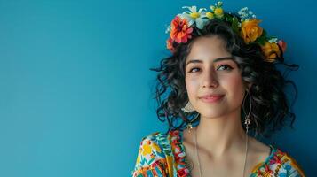 Vibrant and Colorful Portrait of Smiling Hispanic Woman in Modern Costume photo