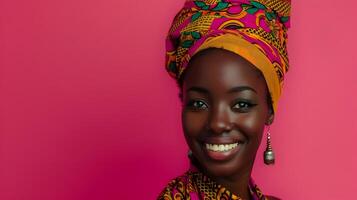 Vibrant Portrait of Radiant African Woman in Colorful Traditional Attire on Pink Background photo