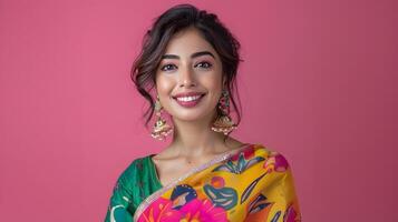 Vibrant Portrait of a Smiling Indian Woman Wearing a Colorful Saree on a Pink Background photo
