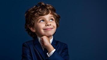 Confident Young Boy in Business Suit Pondering with Thoughtful Expression photo