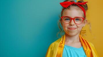 Cheerful Superhero Girl Smiling Confidently on Vivid Chartreuse Background photo