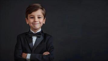 A young boy in a tuxedo posing for the camera photo