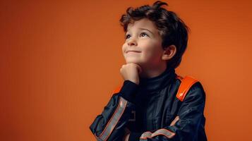 Confident Boy in Sleek Racing Suit Pondering on Bold Orange Background photo