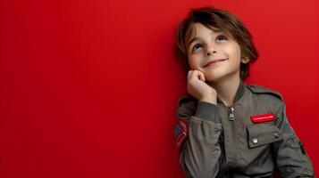 Smiling Child in Pilot Jumpsuit Thoughtfully Pondering on Red Background photo