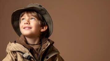 A young boy wearing a hat and jacket photo