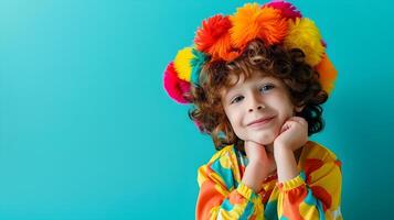 A little boy in a colorful costume with a pom pom hat photo