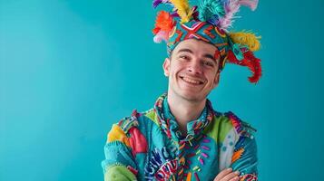 A man in a colorful costume smiling photo
