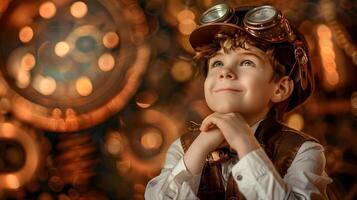 Smiling Steampunk Inspired Boy Lost in Whimsical Thoughts on Copper Background photo