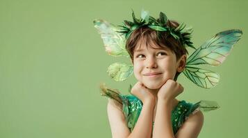 A little boy in a green fairy costume photo