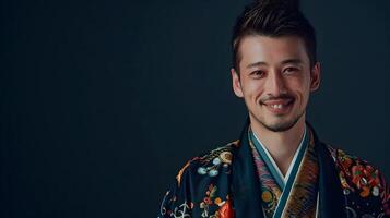 A man in a kimono is smiling photo