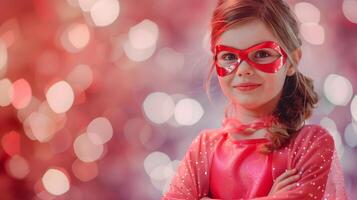 A little girl in a red costume with a mask photo