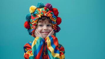 A little boy in a colorful clown costume photo