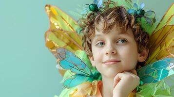 Whimsical Portrait of a Smiling Boy in Fairy Costume on Light Green Background photo