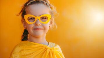 Smiling 7 year old Superhero Girl Acting in Neo Pop Commercial Style on Vivid Goldenrod Background photo