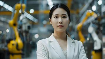 Female Asian Business Manager in Modern Industrial Factory with Robotics and Automation photo