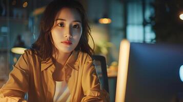 Focused Asian Businesswoman Working on Computer in Startup Office with Natural Lighting photo