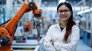 Female Project Manager Standing Confidently in Futuristic Industrial Factory with Advanced Robotics and Automation photo