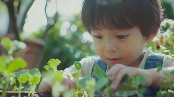 Hallyu Boy Tending to Vegetable Garden in Raised Bed with Bare Hands photo
