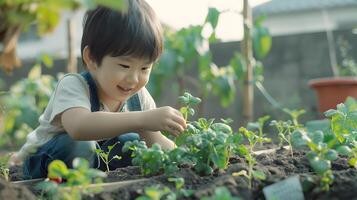 Hallyu Boy Tending to Vegetable Plants in Raised Garden Bed with Bare Hands photo