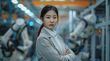 Hallyu Female Project Manager Stands in Modern Industrial Factory with Robotics and Automation photo
