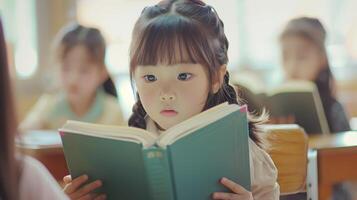 Hallyu Cute Schoolgirl Sitting at Desk Reading Big Book in Classroom photo