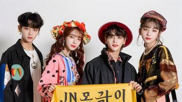 Four vibrant young people in diverse colorful traditional costumes posing together in an urban environment photo