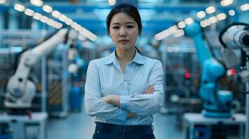 Hallyu Female Project Manager Overseeing Futuristic Industrial Factory with Robotics and Automation photo