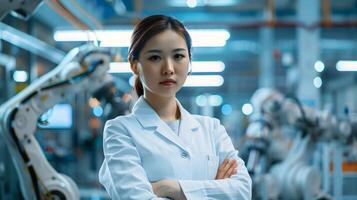 Hallyu Female Manager Overseeing Modern Industrial Factory with Robotics and Automation photo