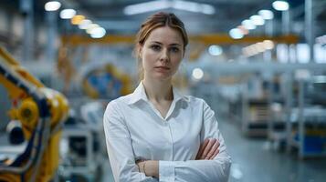 Hallyu Female Project Manager Stands in Modern Industrial Factory with Robotics and Automation photo