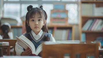 Hallyu Schoolgirl Sitting at Desk Reading Big Book in Bright Classroom photo