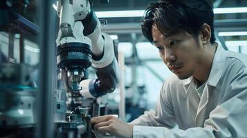 Hallyu Robotics Engineer Working on Mechanical System of Robotic Arm in Modern Industrial Setting photo