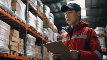 Hallyu Warehouse Worker Checking Delivery and Preparing Shipment with Clipboard photo