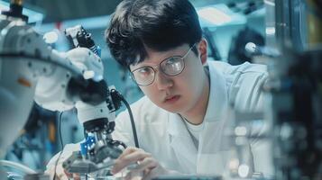 Hallyu Robotics Engineer Meticulously Works on Robotic Arm s Mechanical System photo