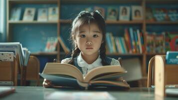 Hallyu Schoolgirl Studying Intently at Desk in Classroom photo