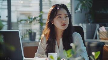 Hallyu Young Businesswoman Working on Computer in Startup Office photo