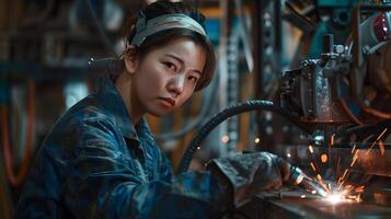 Hallyu Woman Operating Welding Machine in Industrial Workshop photo