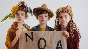 Joyful Sibling Trio Posing in Autumn Leaves and Costumes photo