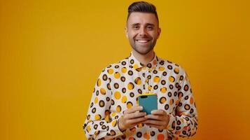 Smiling Man Holding Phone in Polka Dot Dress Against Mustard Yellow Background photo