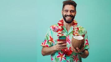 Smiling Man in Hula Skirt Holding Coconut and Phone on Mint Green Background photo