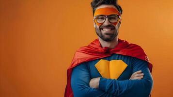 Smiling Superhero Father in Neo Pop Commercial Pose on Vibrant Tangerine Background photo