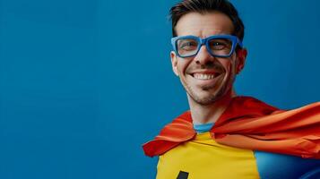 Smiling Superhero Father Posing in Neo Pop Style on Vibrant Cobalt Background photo