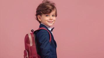Smiling Young Boy in Formal Attire with Backpack on Dusty Rose Background photo