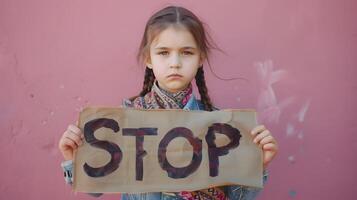 Heartbreaking Portrait of Ukrainian Girl Protesting War with Handwritten Stop Banner photo