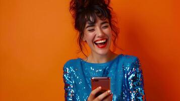 Smiling Woman in Shimmering Blue Sequin Dress Holding Smartphone on Fiery Orange Background photo