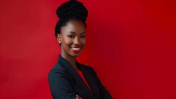 Confident Black Female Entrepreneur Posing with Vibrant Red Background photo