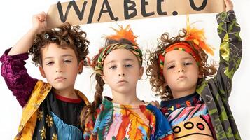 Trio of Costumed Children Showcasing Their Creative Talents on the Stage photo