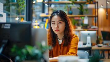 Young Asian Businesswoman Working on Computer in Startup Office Workspace photo