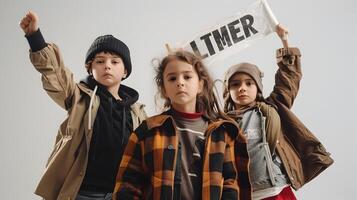 Determined group of young activists protesting with raised fists and placards on a city street photo